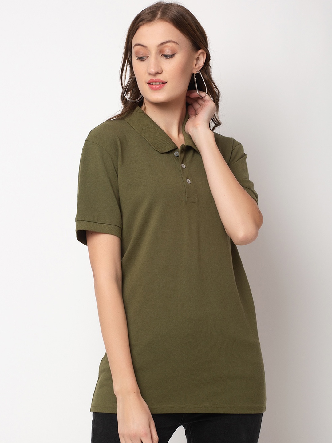 

DOOR74 Women Olive Green Solid Polo Collar T-shirt