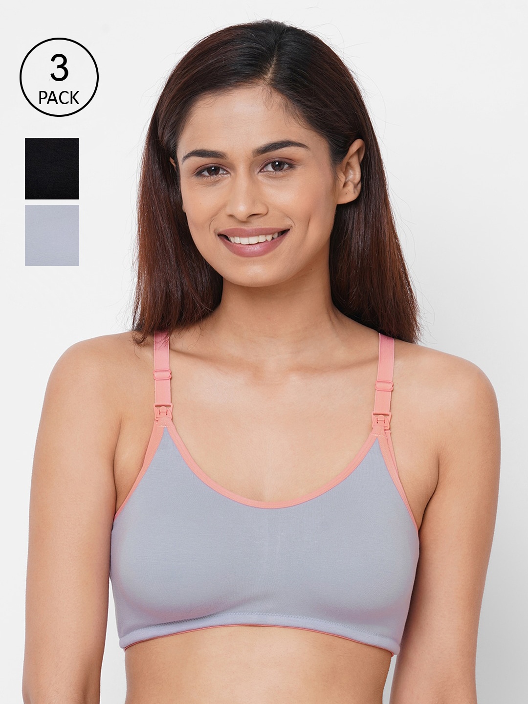 Inner Sense Grey & Black Solid Set of 3 Maternity Sustainable Bra IMB004B_4B_4E