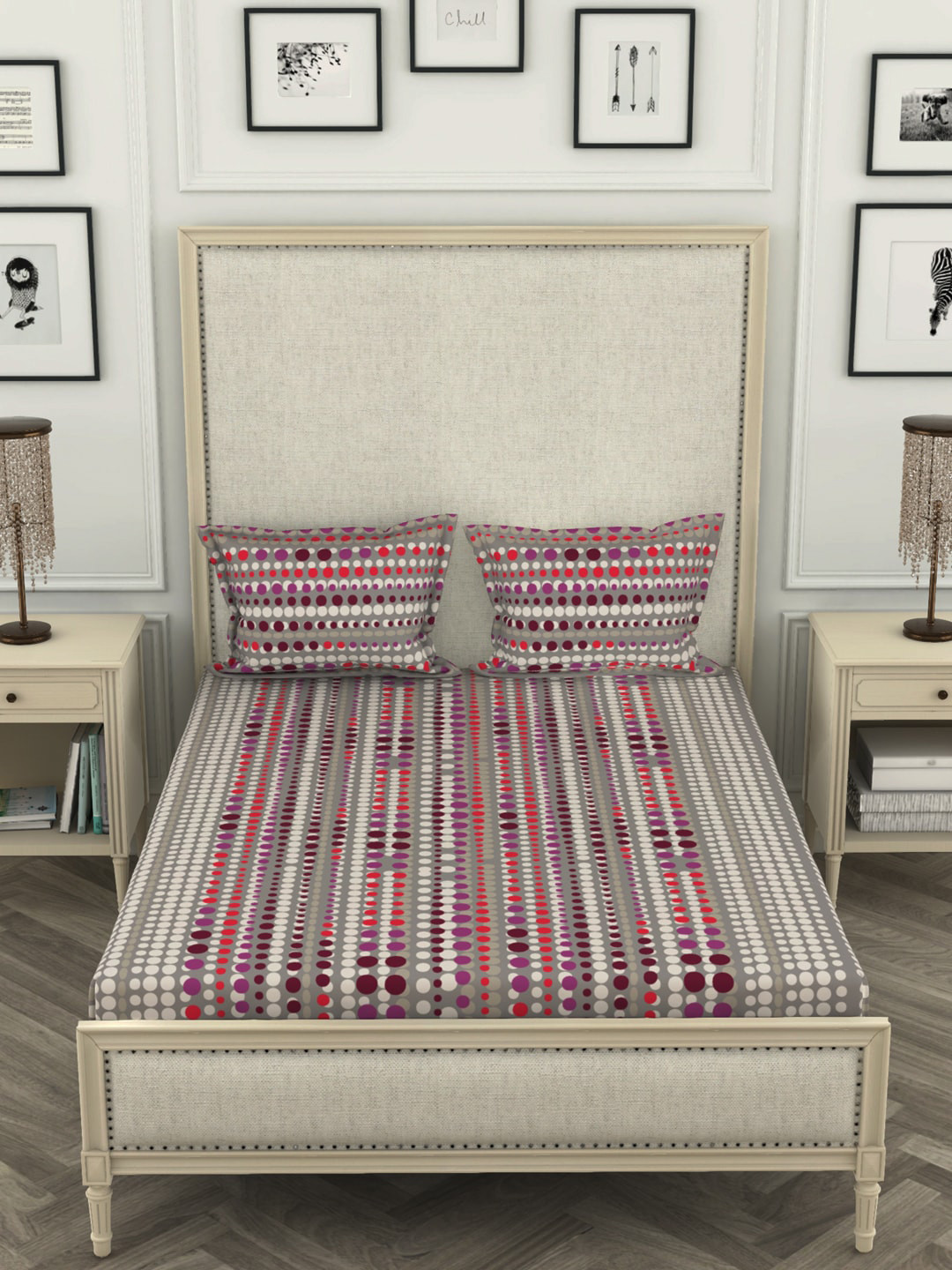 

BIANCA Grey & Purple Geometric 110 TC Cotton 1 King Bedsheet with 2 Pillow Covers