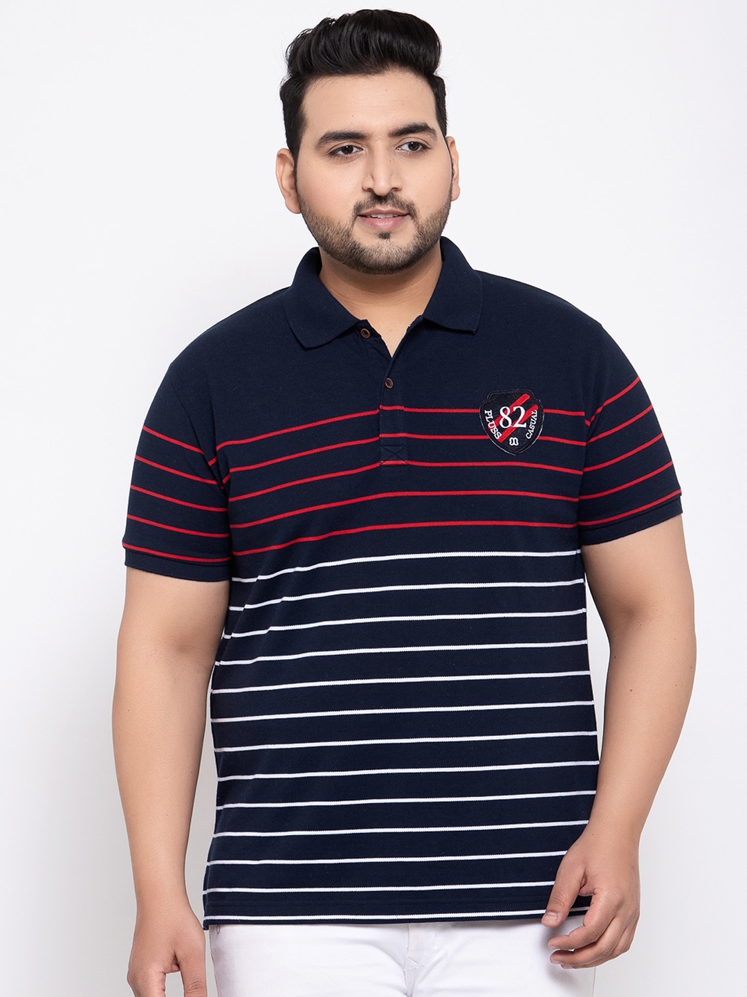 

plusS Men Navy Blue Striped Polo Collar Pure Cotton T-shirt