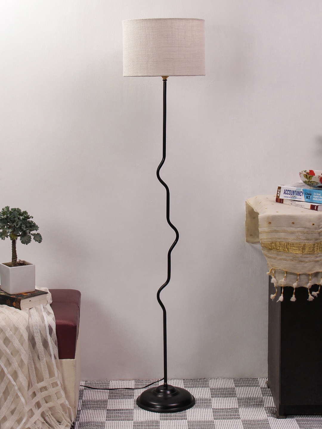 

Devansh Off-White & Black Solid Novelty Lamp With Jute Shade