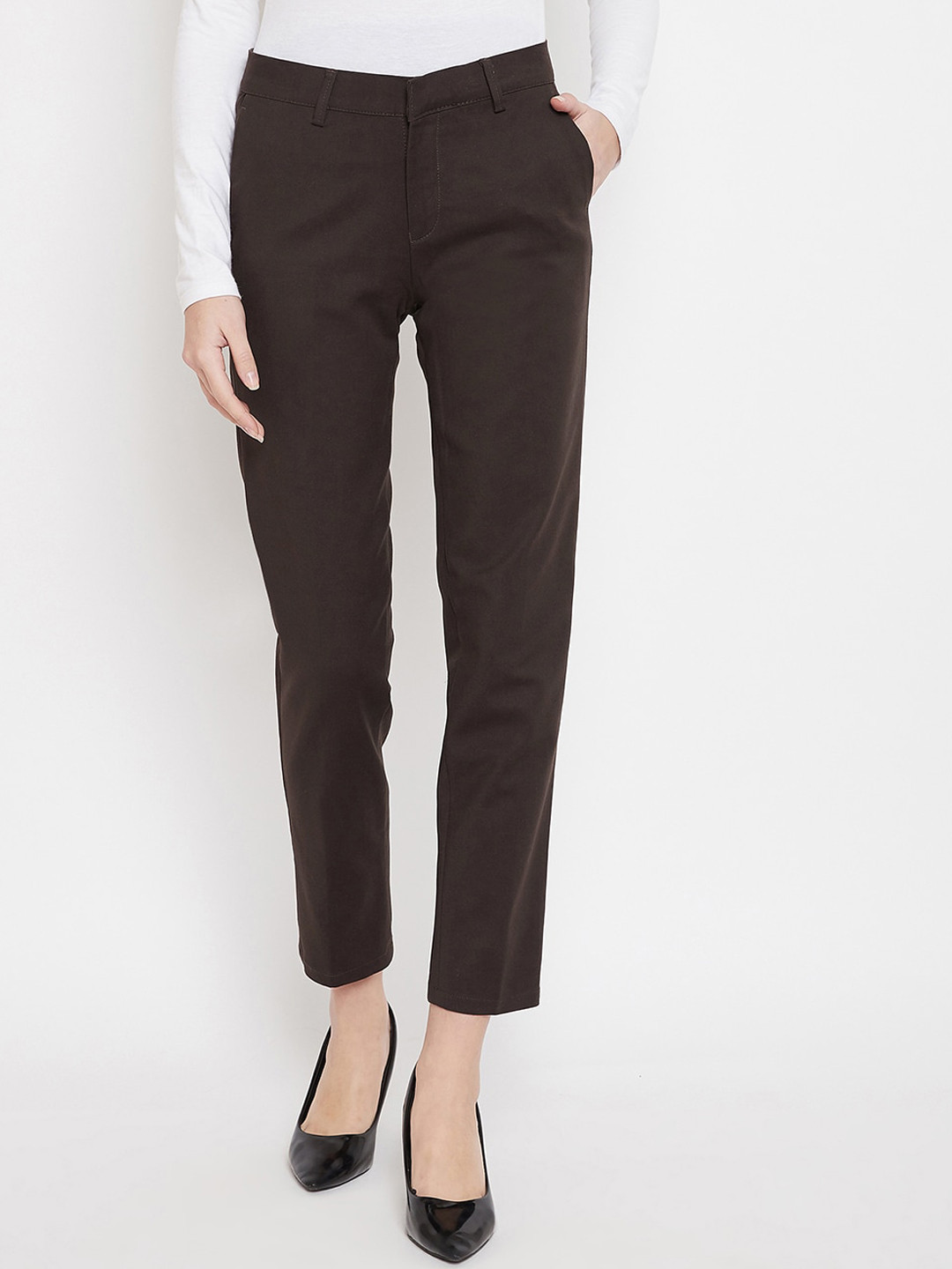 

Crimsoune Club Women Brown Slim Fit Solid Cropped Formal Trousers