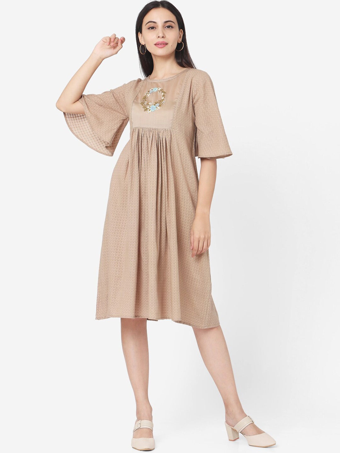 

Saanjh Women Beige Self Design Fit and Flare Dress