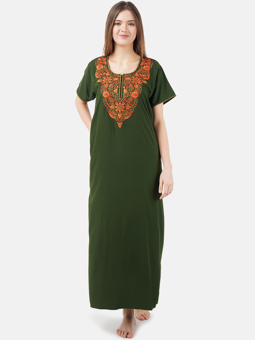 

KOI SLEEPWEAR Olive Green Embroidered Lissybissy Cotton Nightdress
