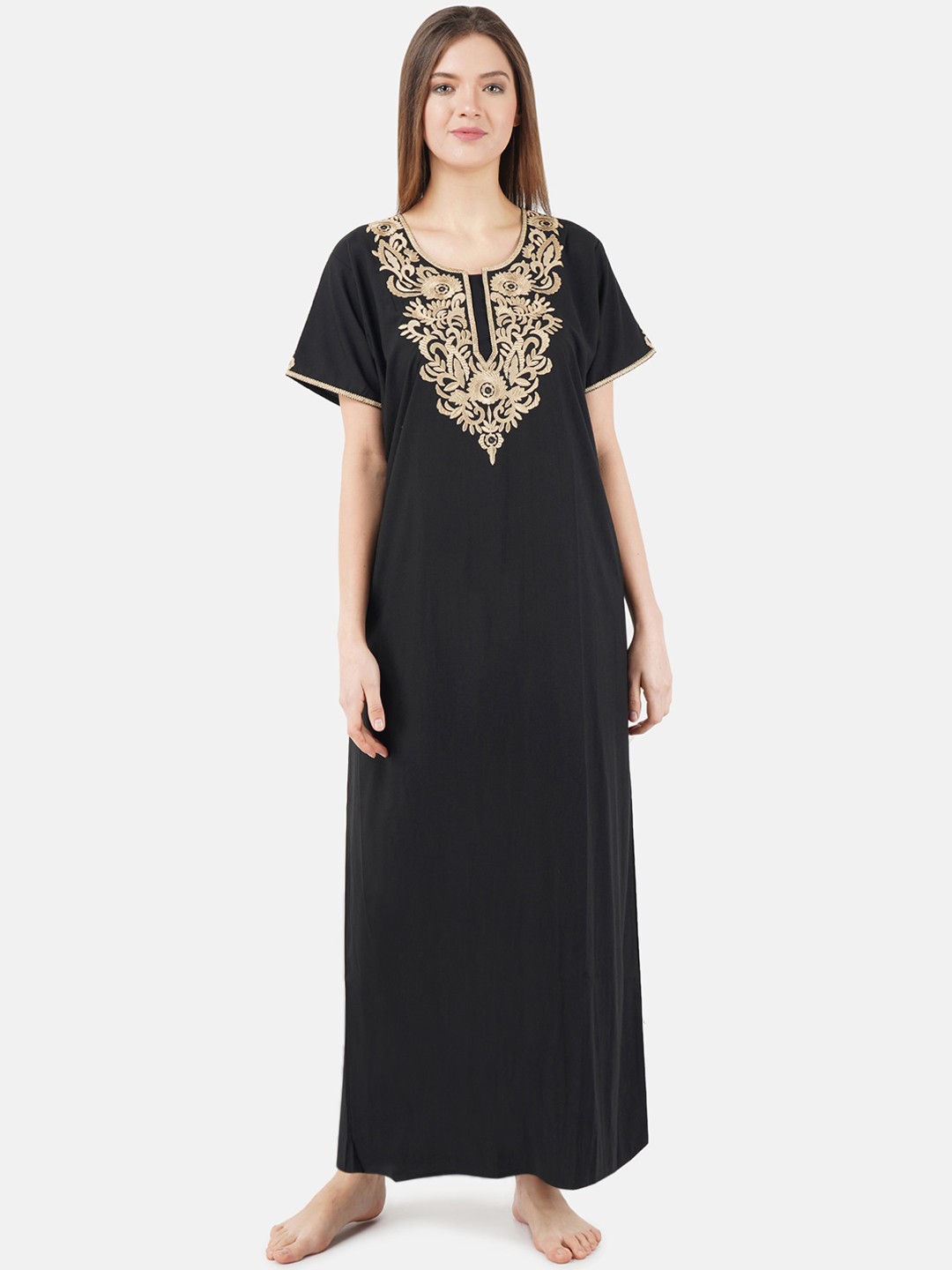 

KOI SLEEPWEAR Black & Beige Embroidered Cotton Nightdress