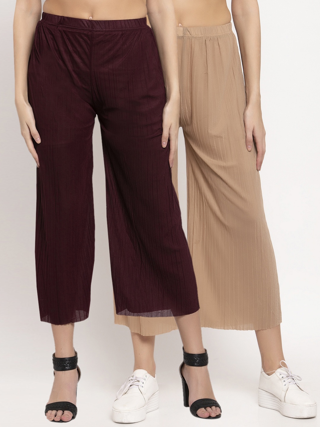 

KLOTTHE Women Pack Of 2 Burgundy & Beige Solid Wide Leg Palazzos