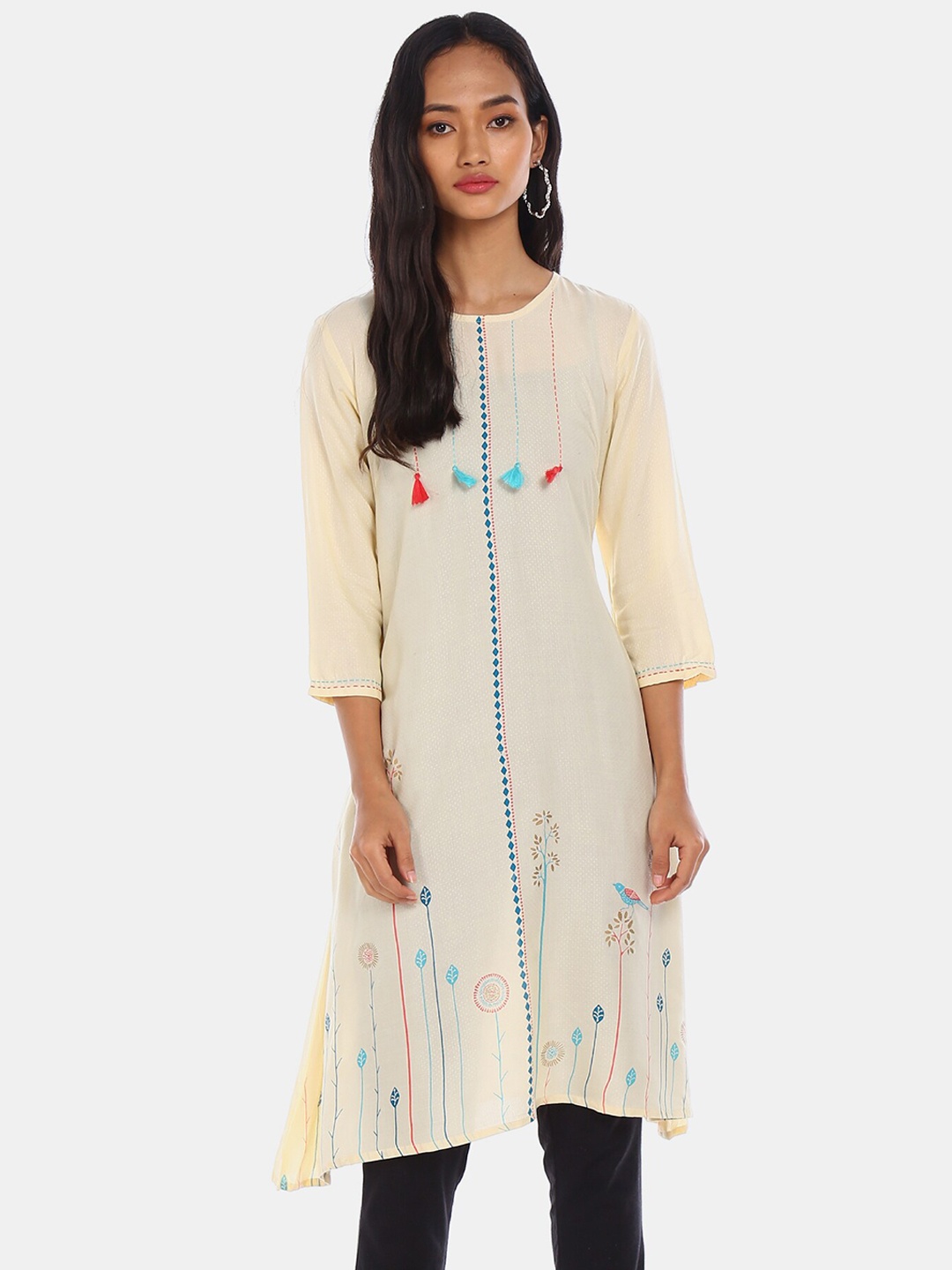

Karigari Women Beige Quirky Printed Thread Work Kurta