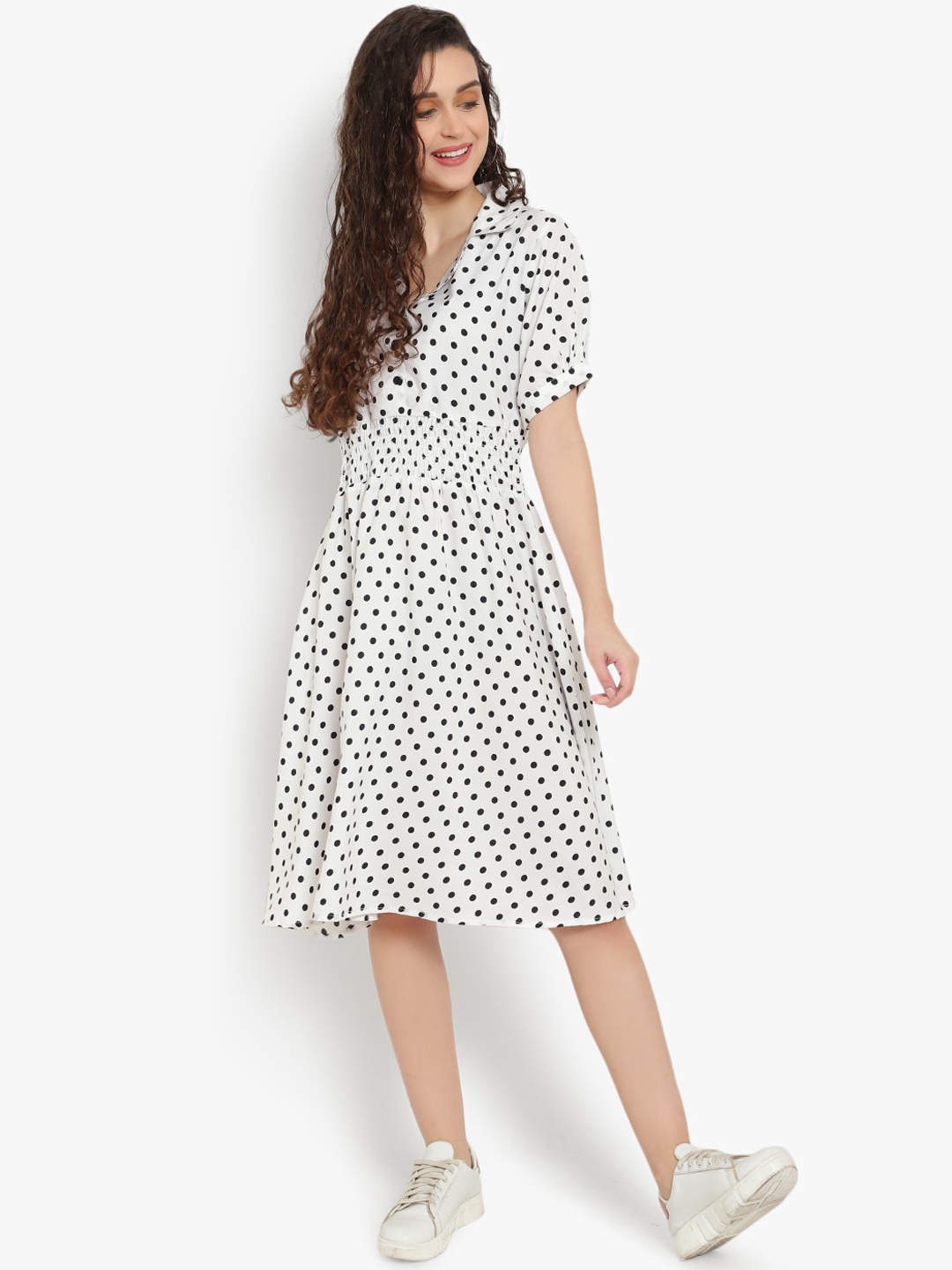 

Indietoga Women White & Black Polka Dot Printed Smocked A-Line Dress