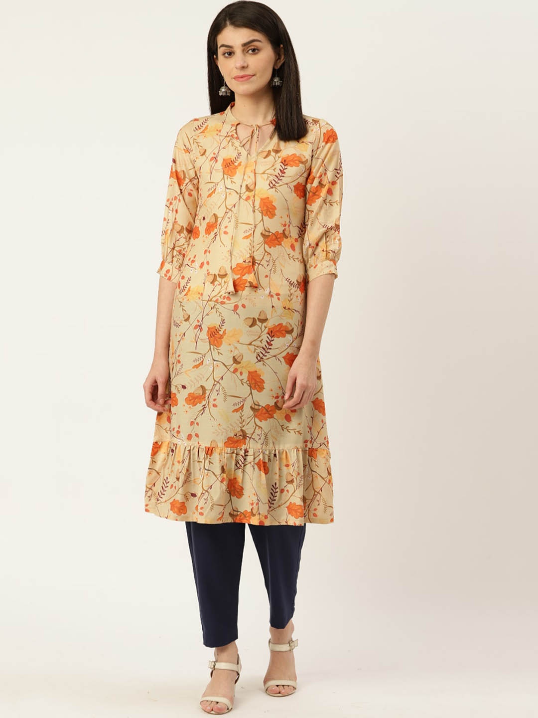 

shiloh Women Cream-Coloured Floral Printed Keyhole Neck Kurta