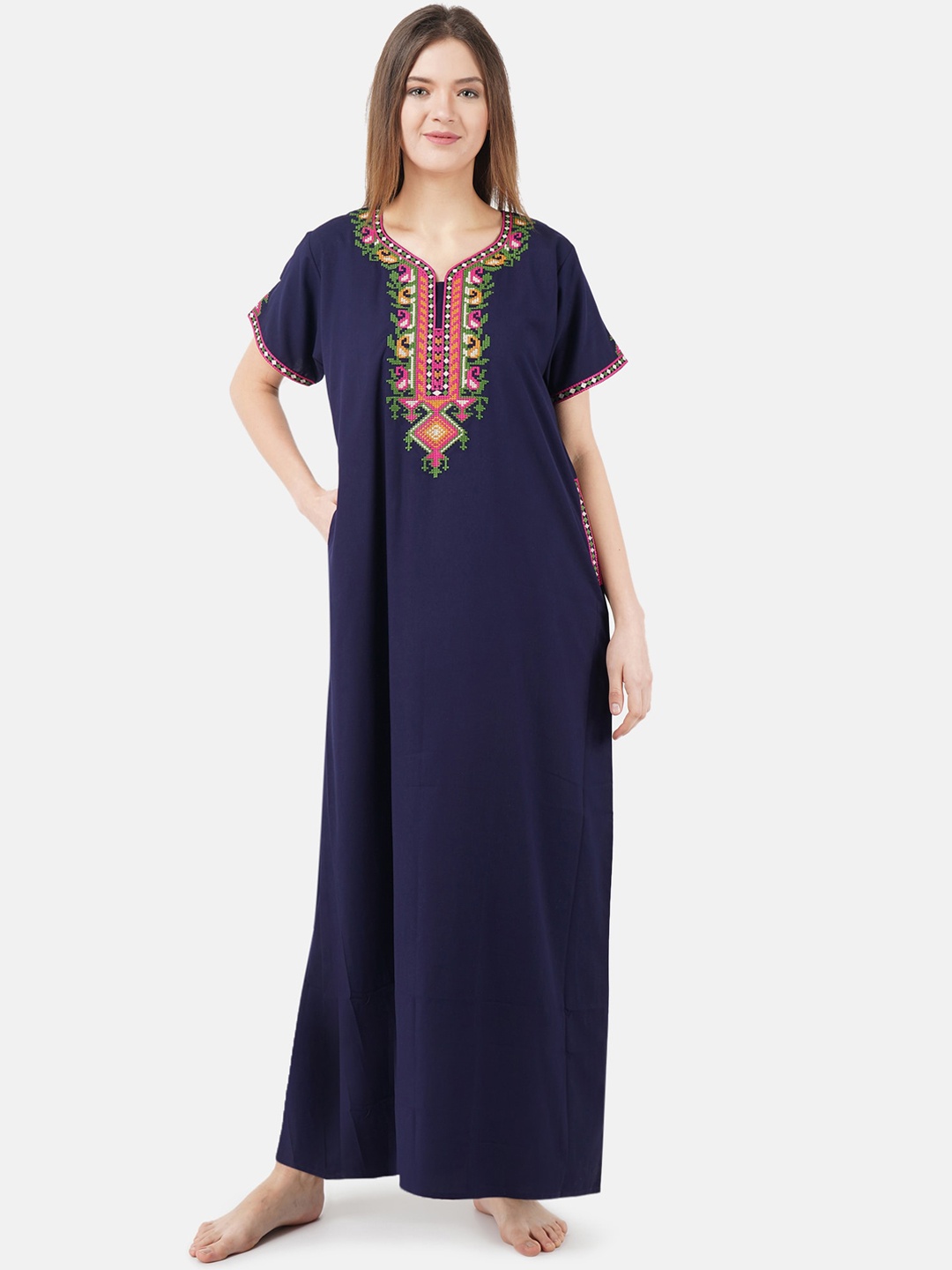 

KOI SLEEPWEAR Navy Blue & Pink Embroidered Lissybissy Cotton Maxi Nightdress