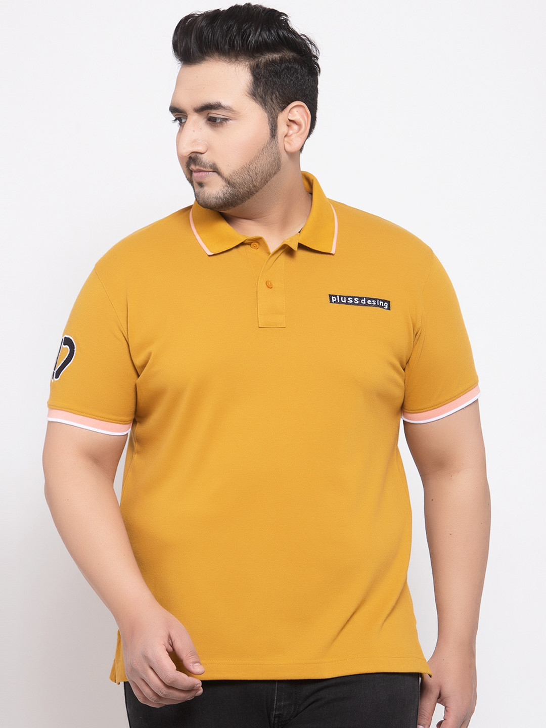 

plusS Men Yellow Solid Polo Collar Pure Cotton T-shirt