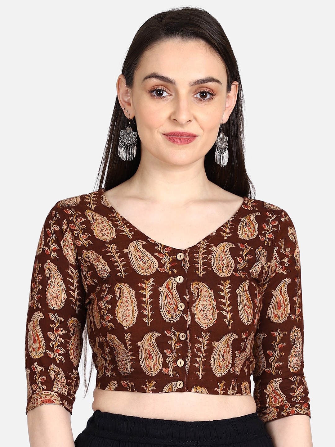 

THE WEAVE TRAVELLER Women Maroon & Beige Kalamkari Hand Block Printed Saree Cotton Sustainable Blouse