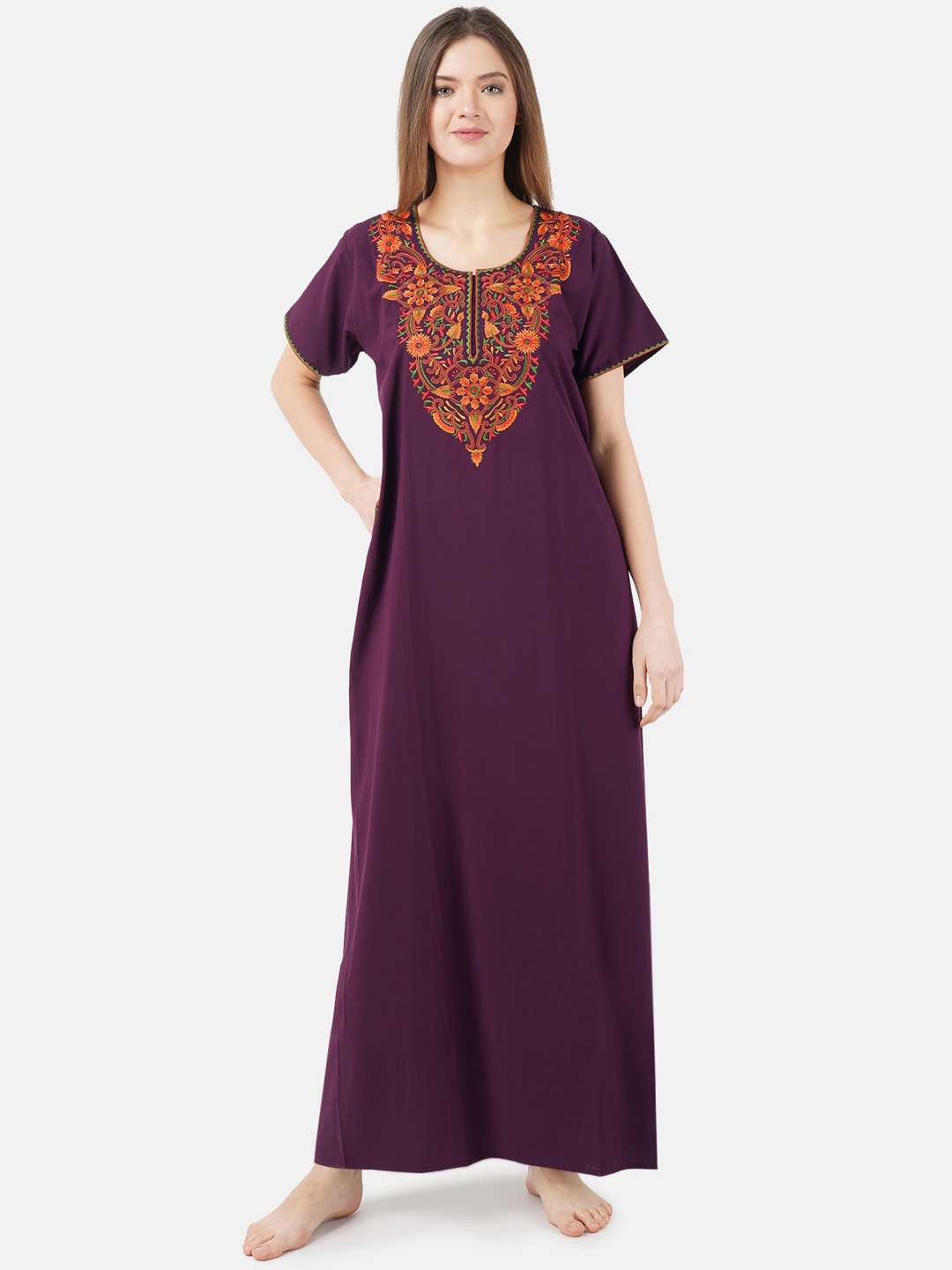 

KOI SLEEPWEAR Woman Wine Embroidered Cotton Maxi Nightdress, Purple