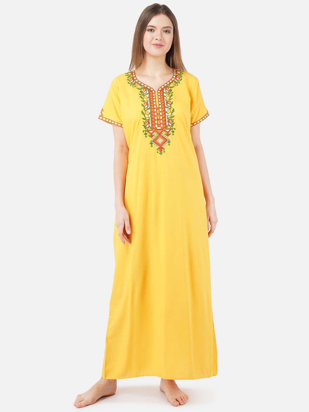 

KOI SLEEPWEAR Yellow Embroidered Lissybissy Cotton Maxi Nightdress