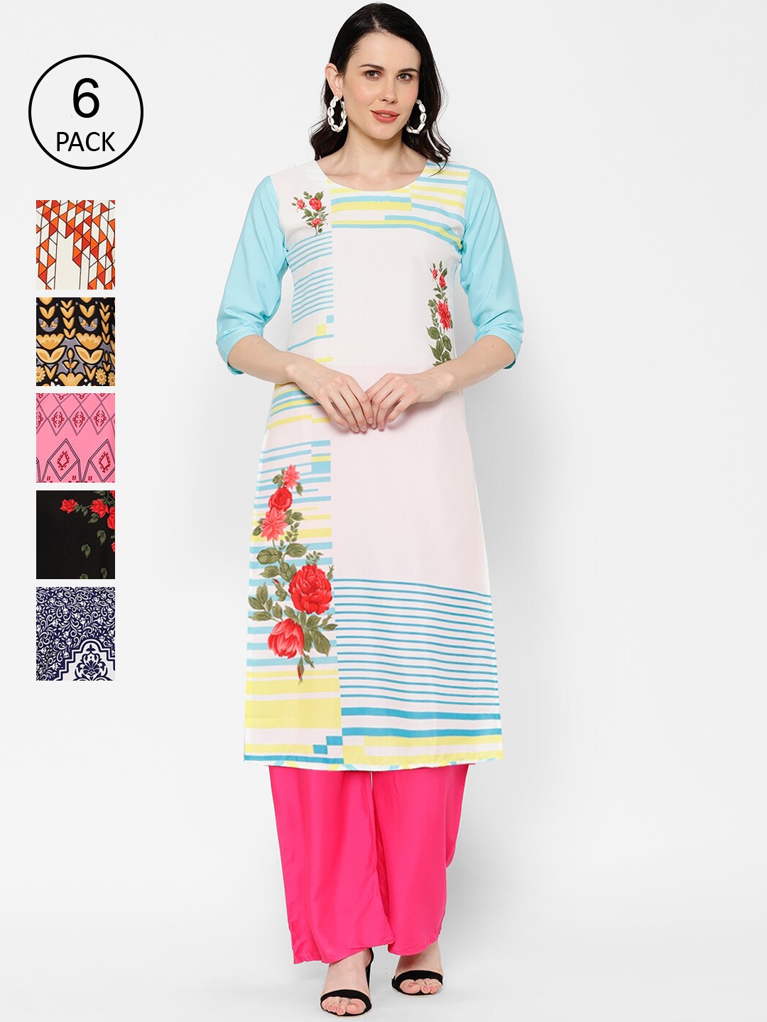 

7Threads Pack of 6 Women Multicoloured Ethnic Motifs Printed Crepe Kurta, Multi