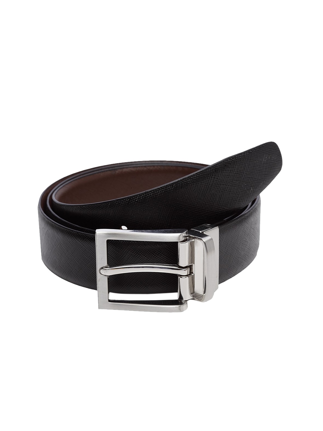 

WELBAWT Men Black & Brown Textured Leather Slim Reversible Belt