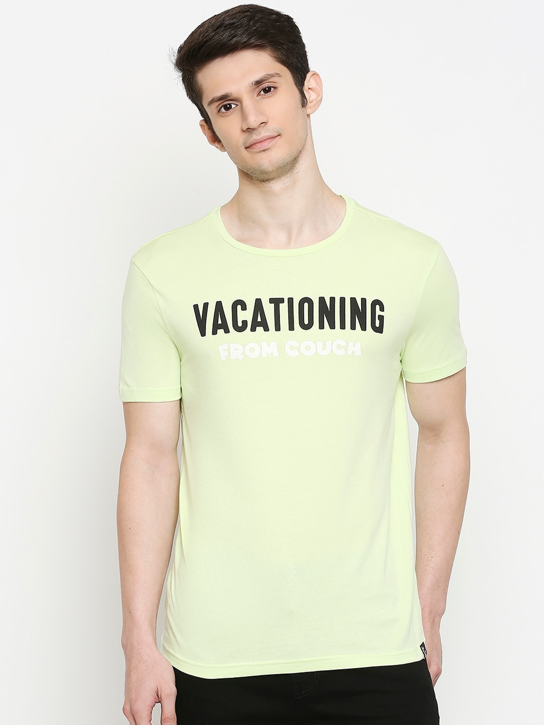 

People Men Green Printed Round Neck Pure Cotton T-shirt