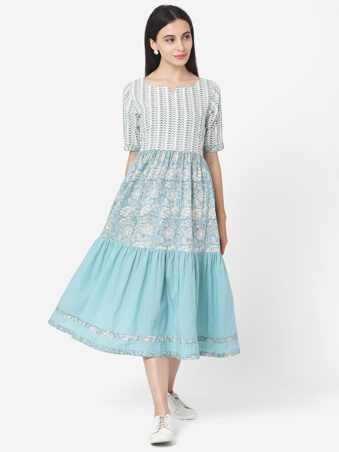 

Saanjh Women White Printed Fit and Flare Dress