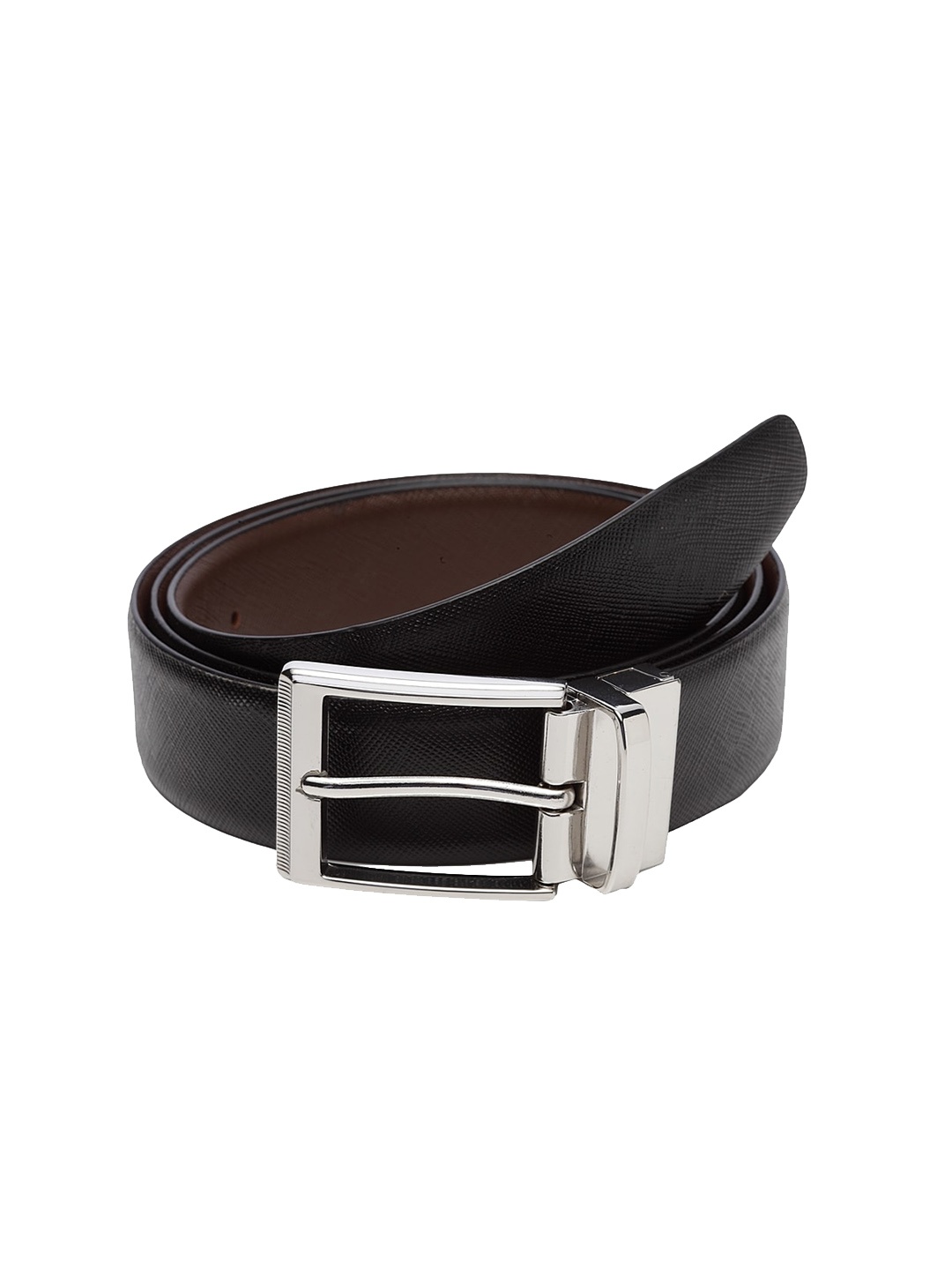 

WELBAWT Men Black & Brown Textured Leather Slim Reversible Belt