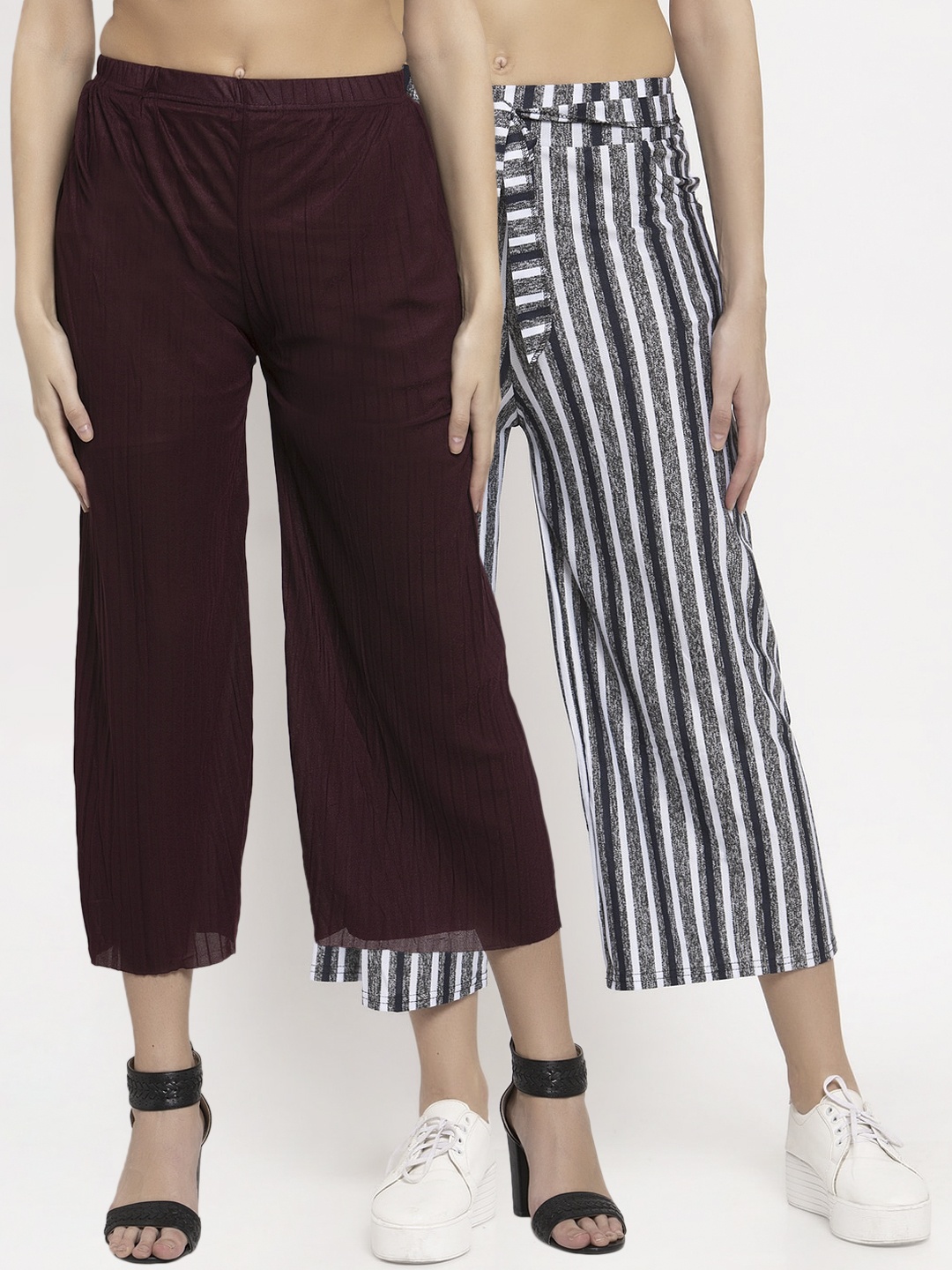 

KLOTTHE Women Pack of 2 Solid Wide Leg Palazzos, Burgundy