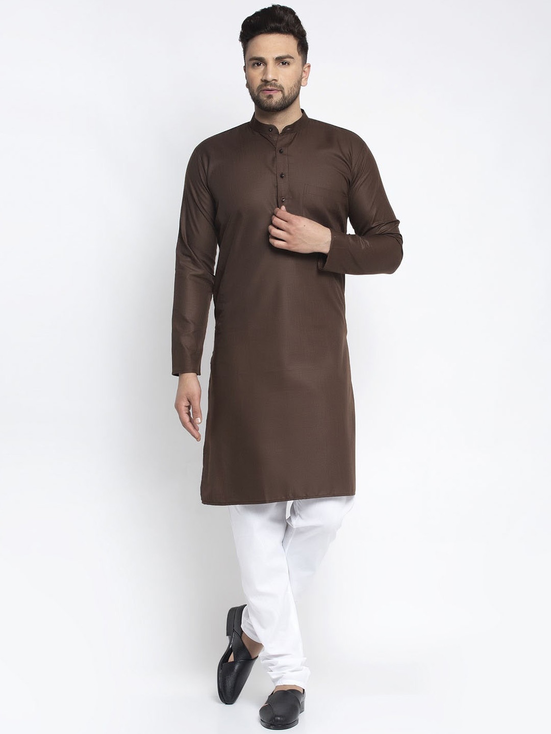 

Jompers Men Coffee Brown & White Solid Kurta with Pyjamas