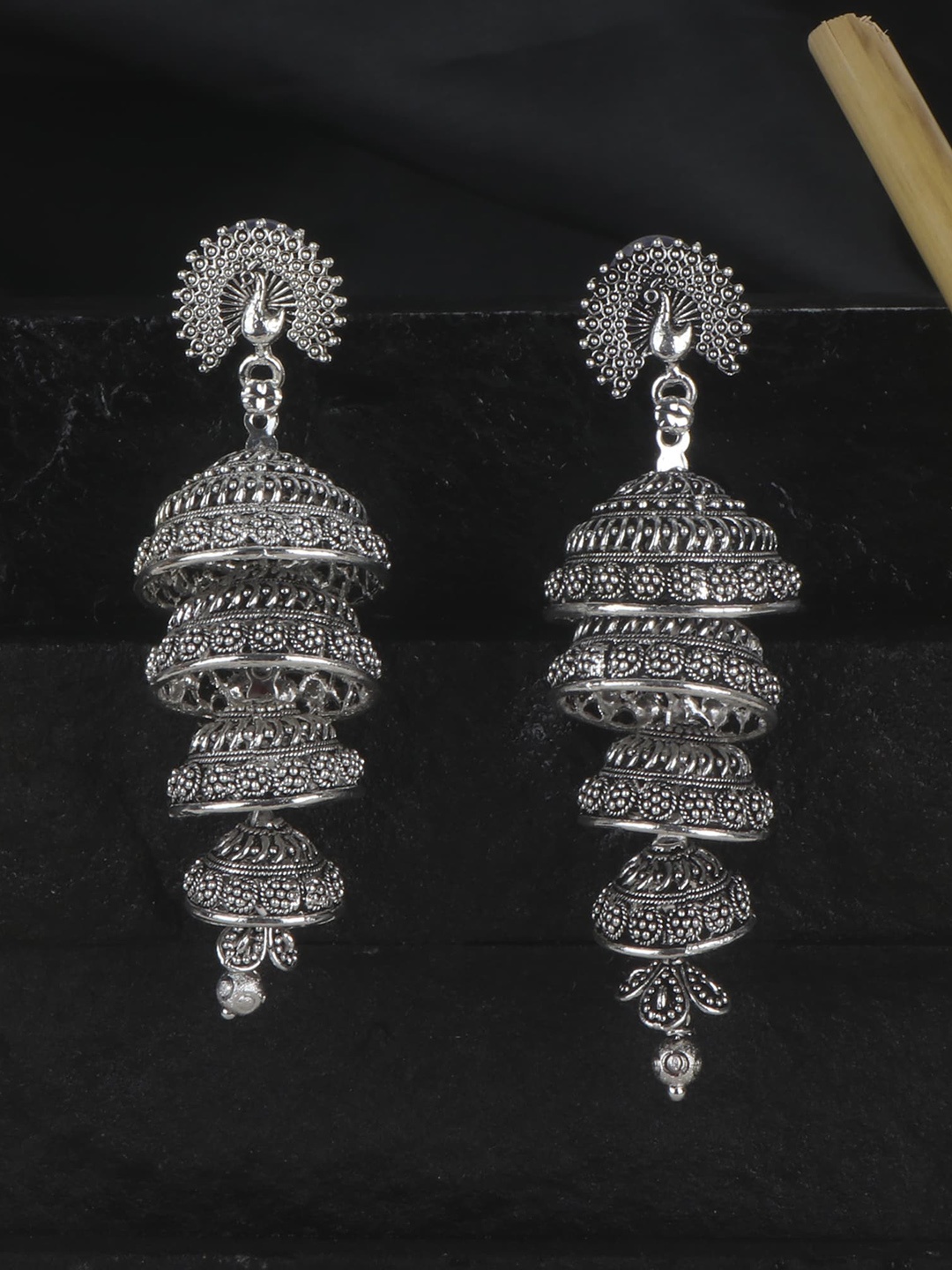 

ANIKAS CREATION Silver-Plated Contemporary Oxidised Jhumkas