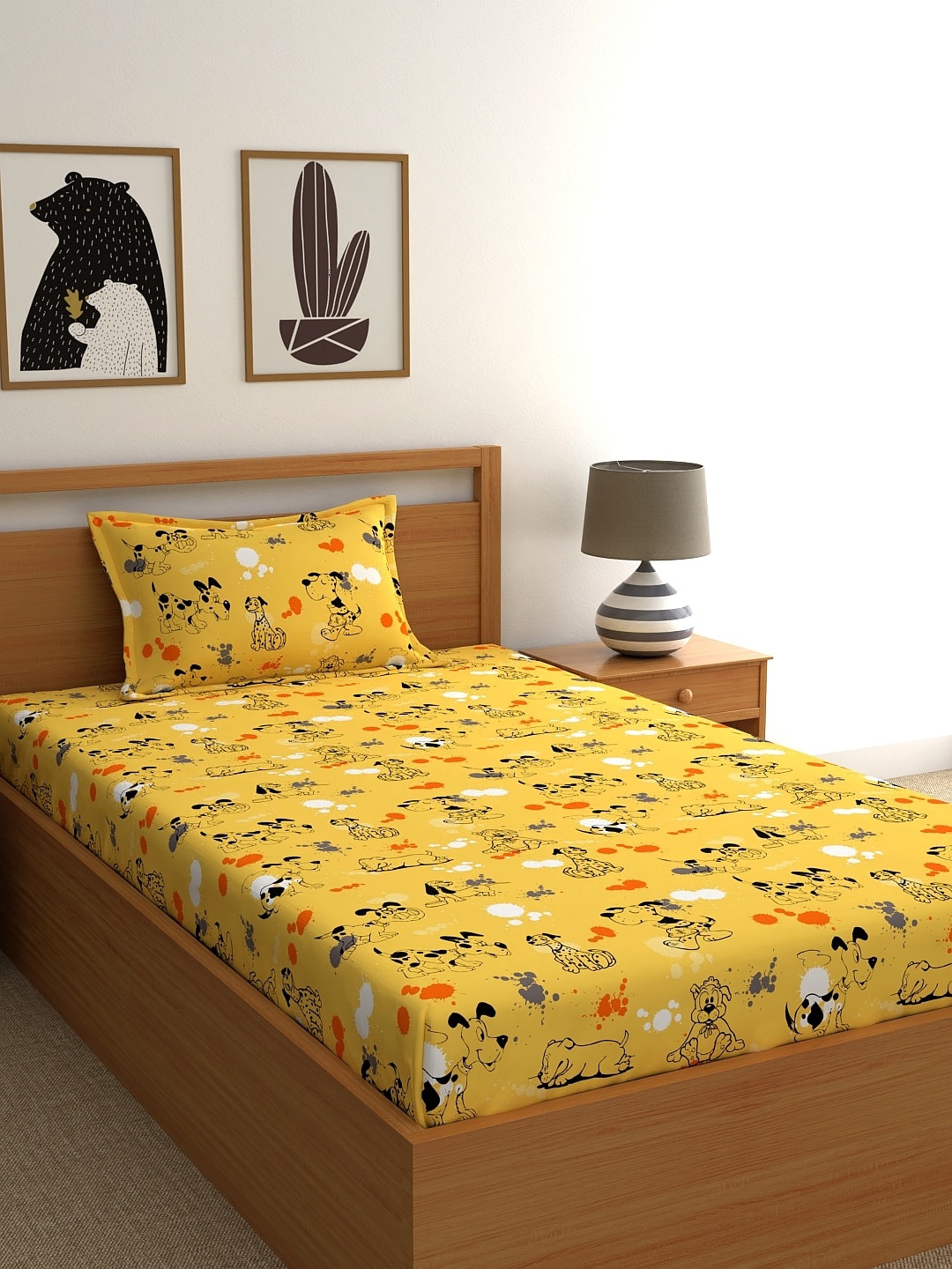 

Dreamscape Yellow & Black Conversational 144 TC Cotton Single Bedsheet with 1 Pillow Cover