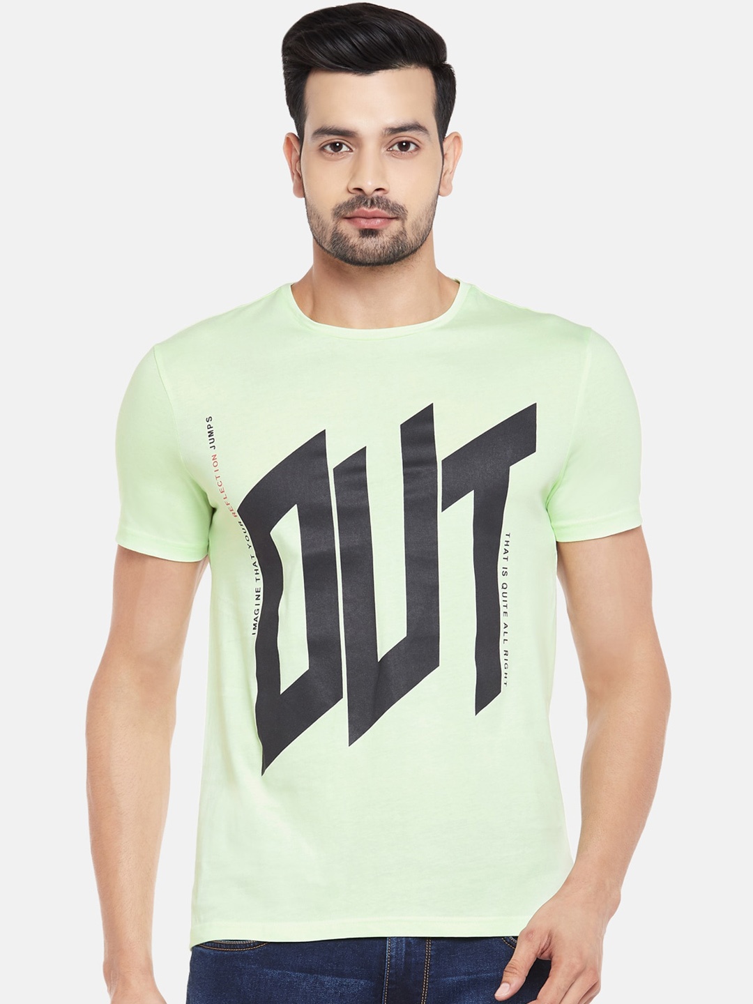 

People Men Green Printed Round Neck Pure Cotton T-shirt