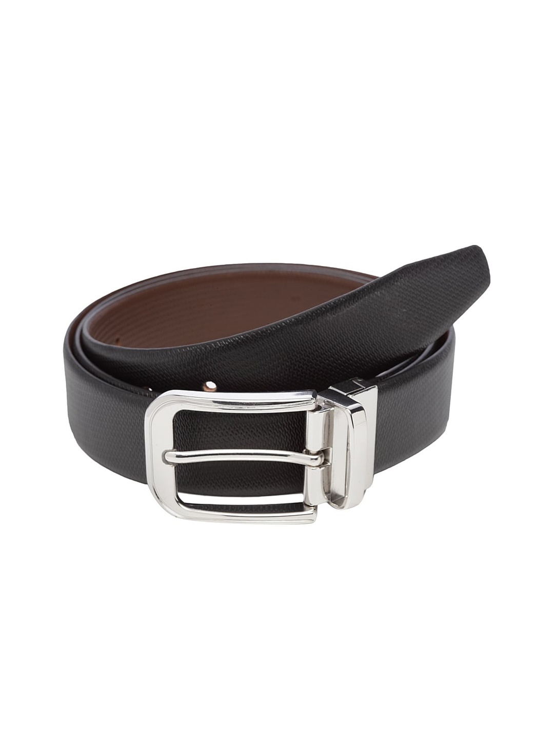 WELBAWT Men Black & Brown Textured Leather Slim Reversible Belt