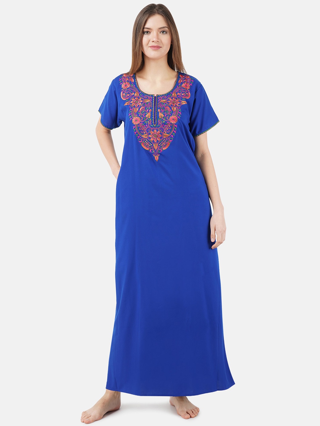 

KOI SLEEPWEAR Blue & Orange Embroidered Cotton Nightdress