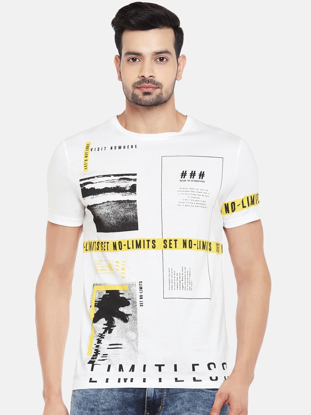 

People Men White Printed Round Neck T-shirt