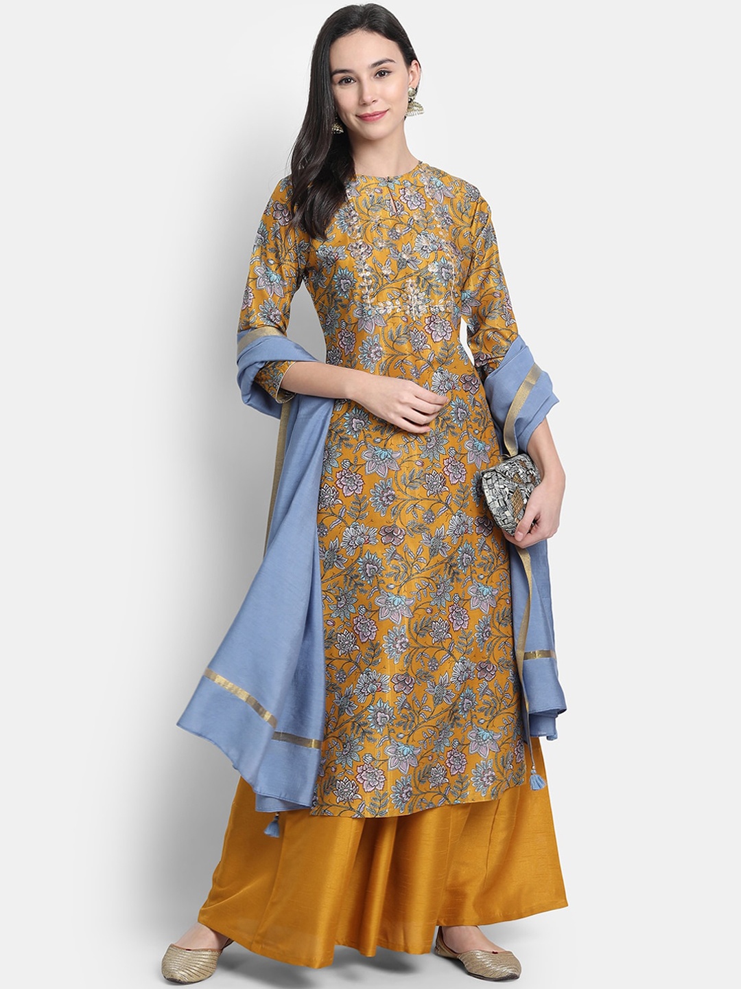 

Janasya Women Mustard Yellow & White Printed Kurta with Palazzos & Dupatta