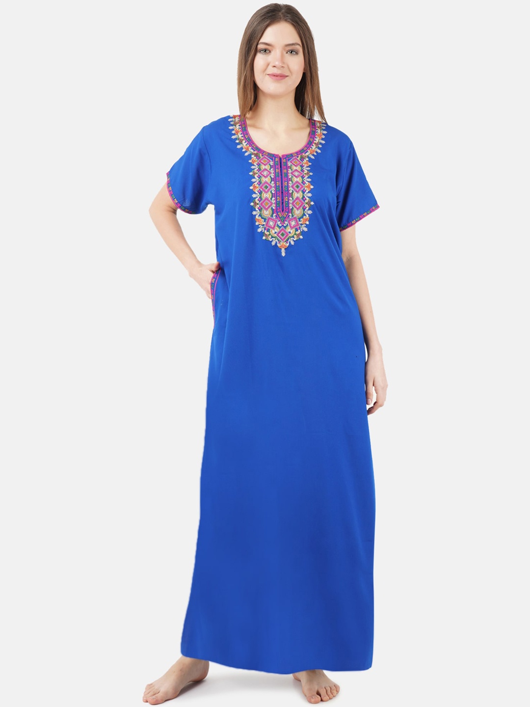 

KOI SLEEPWEAR Blue Embroidered Lissybissy Cotton Maxi Nightdress