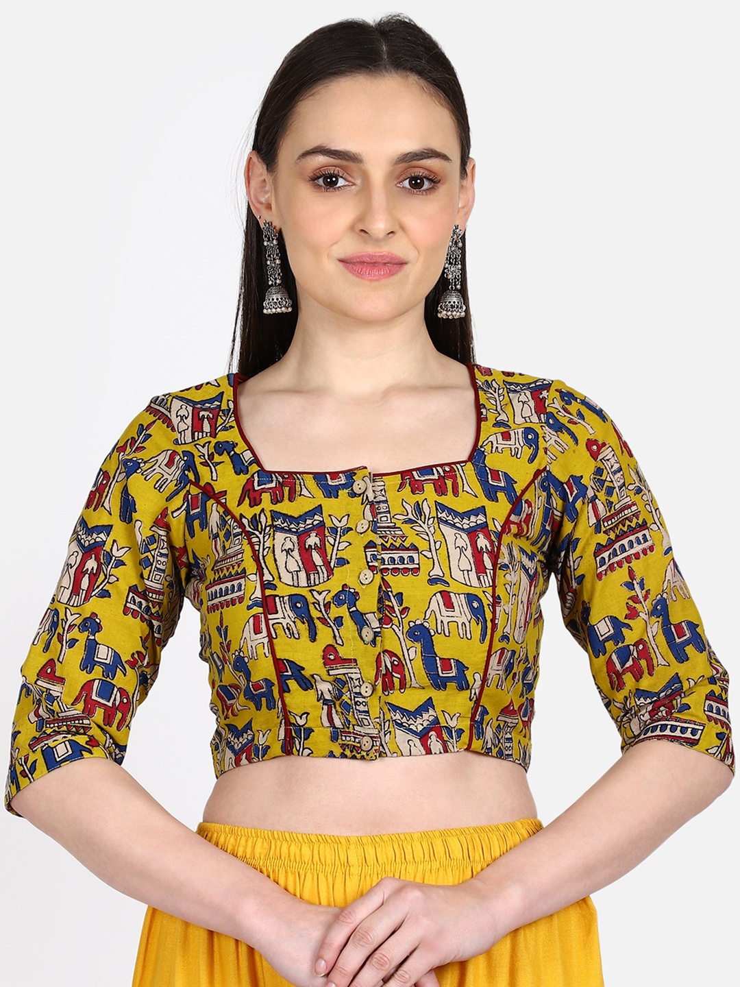 

THE WEAVE TRAVELLER Women Yellow & Red Kalamkari Hand Block Printed Saree Blouse