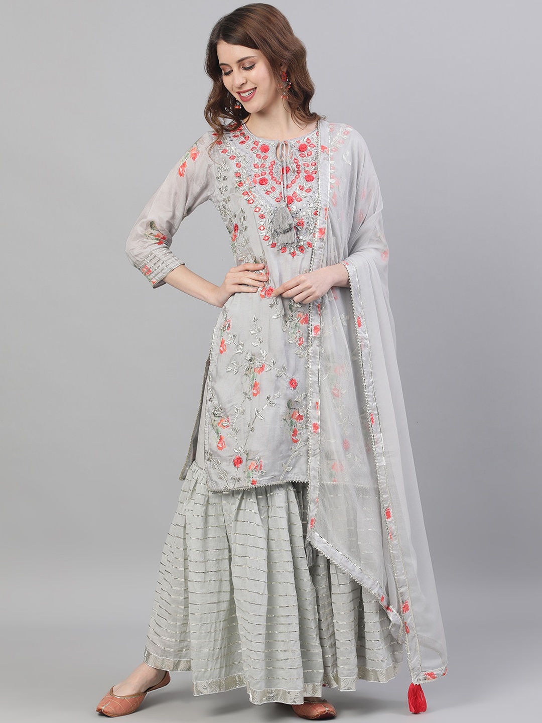 

Ishin Women Grey Embroidered Kurta with Sharara & Dupatta