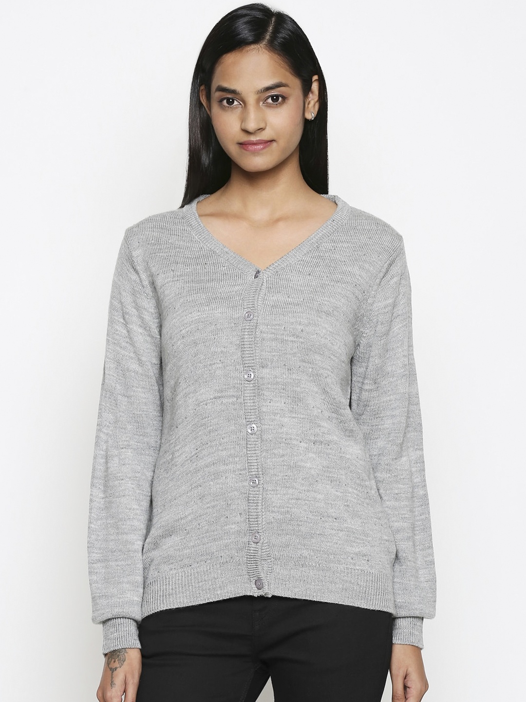 

RANGMANCH BY PANTALOONS Women Grey Solid Cardigan Sweater