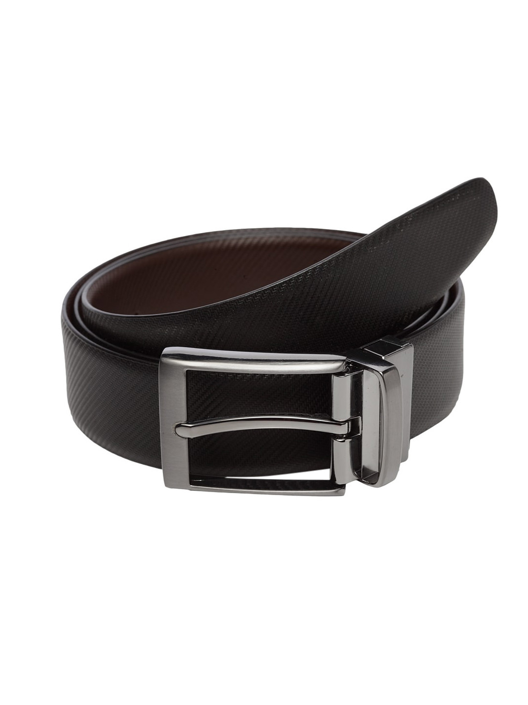 

WELBAWT Men Black & Brown Textured Leather Slim Reversible Belt