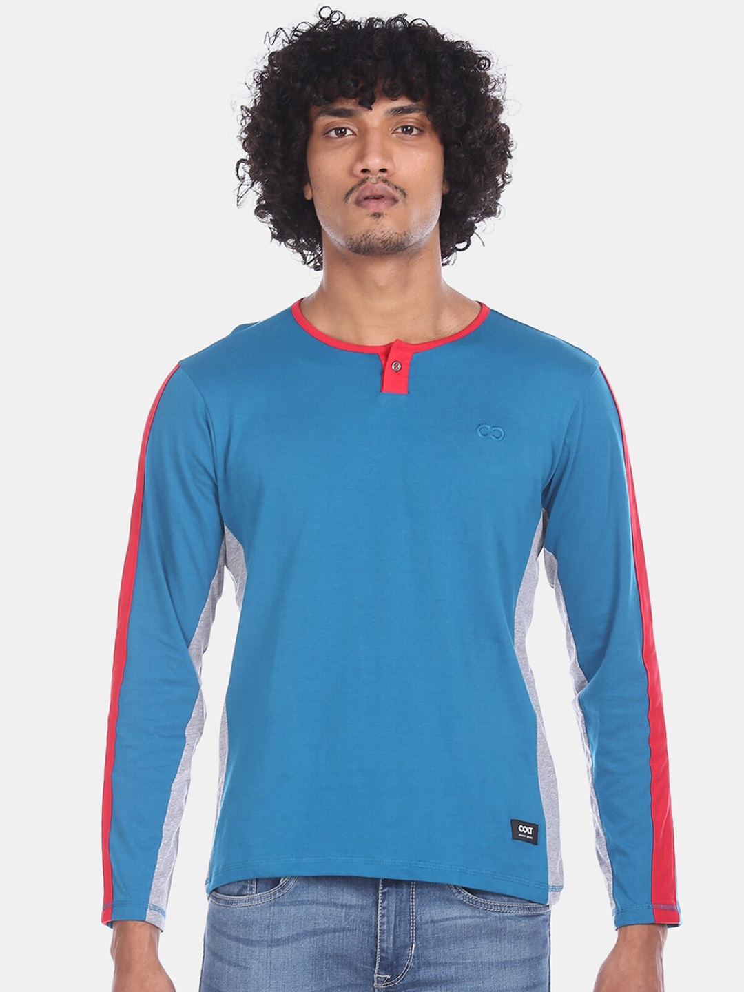 

Colt Men Blue Solid Henley Neck Cotton Pure Cotton T-shirt