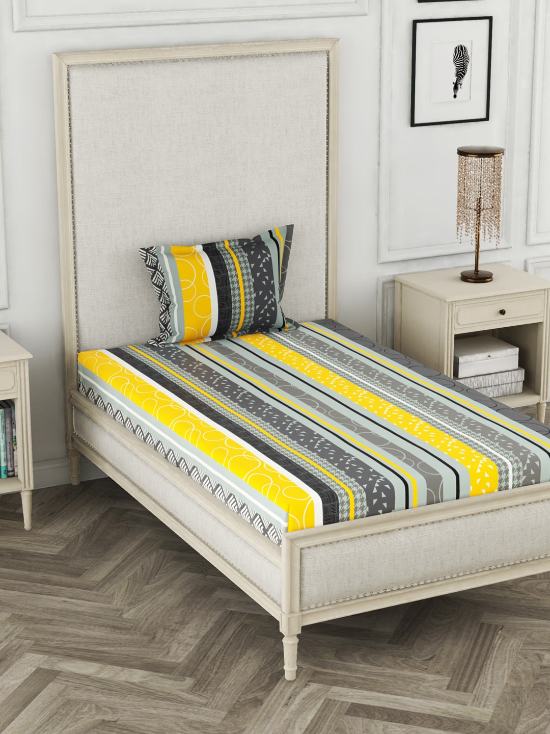 

KOPA Grey & Yellow Striped 110 TC Cotton 1 Single Bedsheet with 1 Pillow Cover