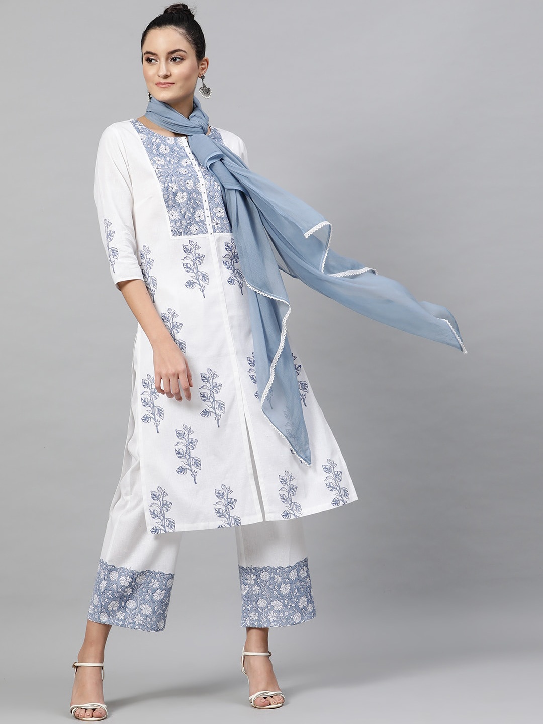 

STREET 9 Women White & Blue Printed Kurta with Trousers & Dupatta