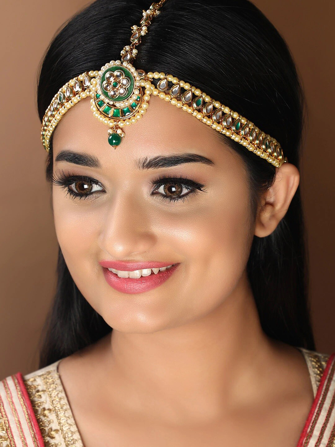 

Rubans Gold-Plated Green & White Kundan-Studded Pearl-Embellished Handcrafted Matha Patti