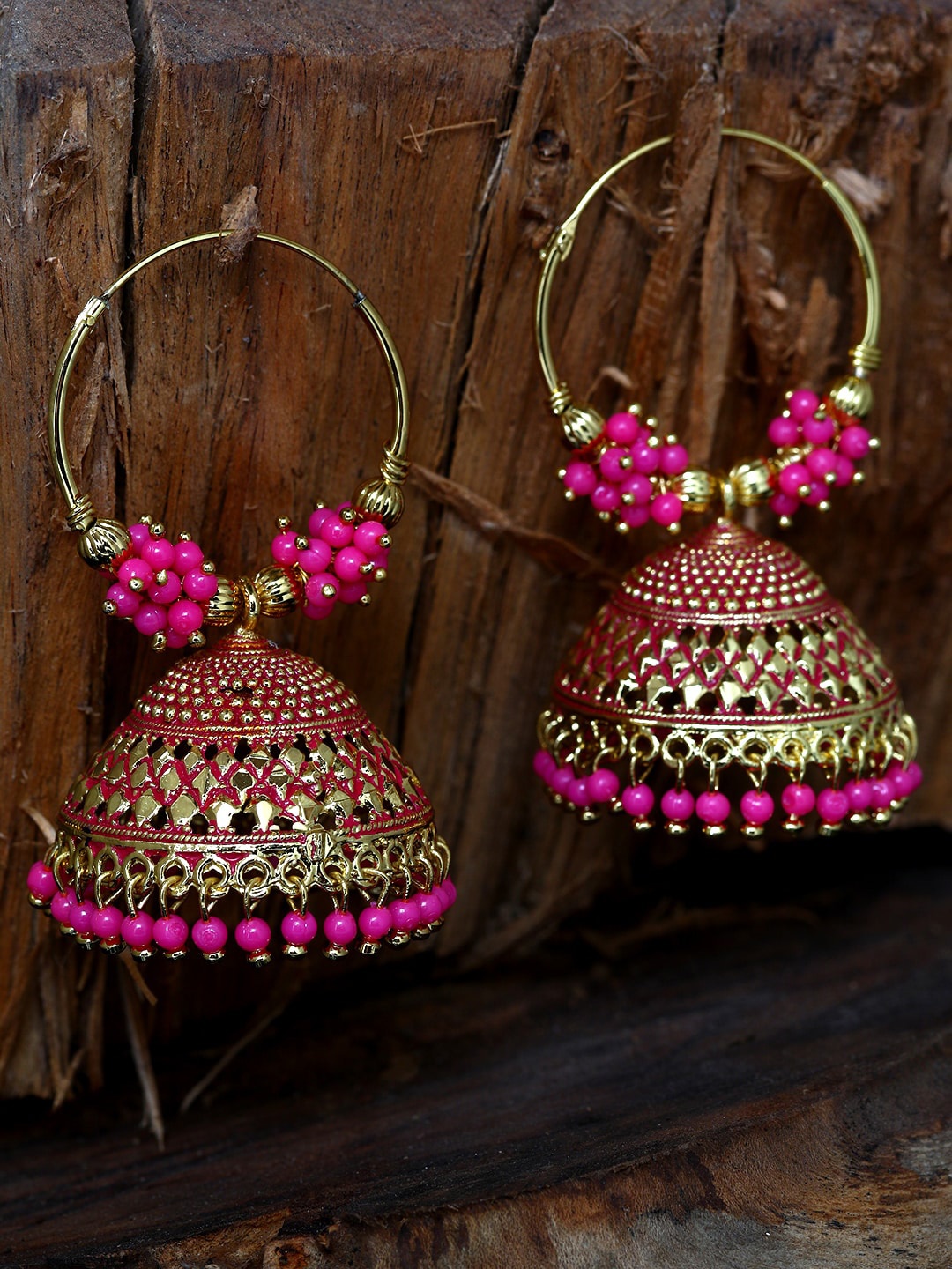 

ANIKAS CREATION Pink & Gold-Plated Dome Shaped Hoop Earrings