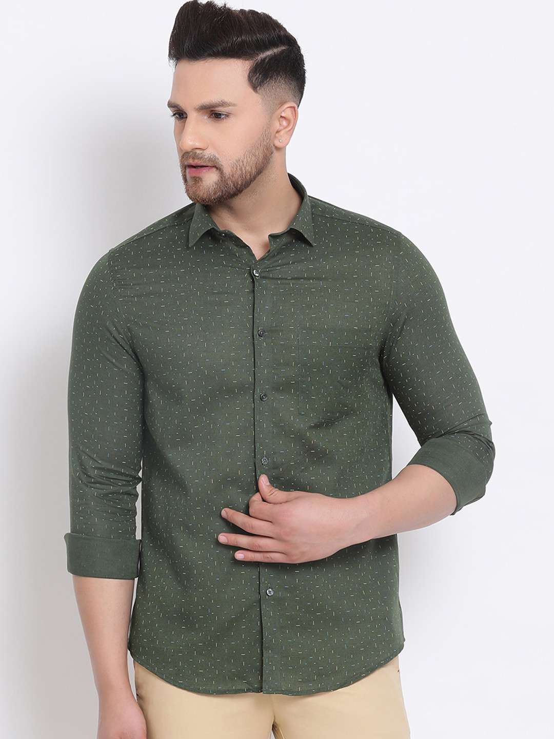 

Turtle Men Olive Green Slim Fit Printed Casual Shirt