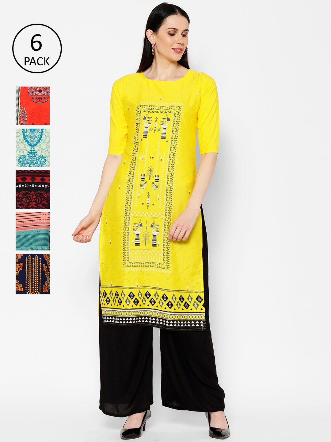 

7Threads Women Pack Of 6 Multicoloured Floral Printed Crepe Kurta, Multi