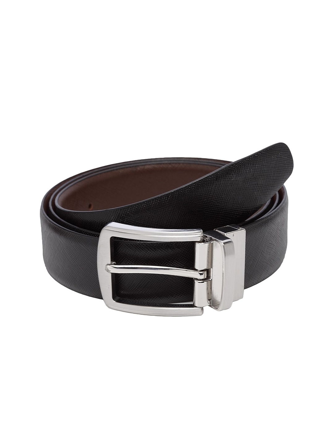 WELBAWT Men Black & Brown Textured Leather Slim Reversible Belt