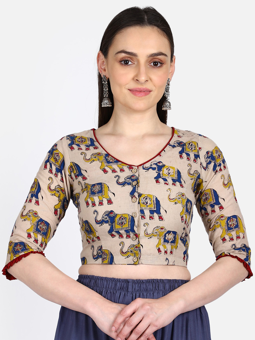 

THE WEAVE TRAVELLER Women Beige & Blue Kalamkari Hand Block Printed Readymade Saree Blouse