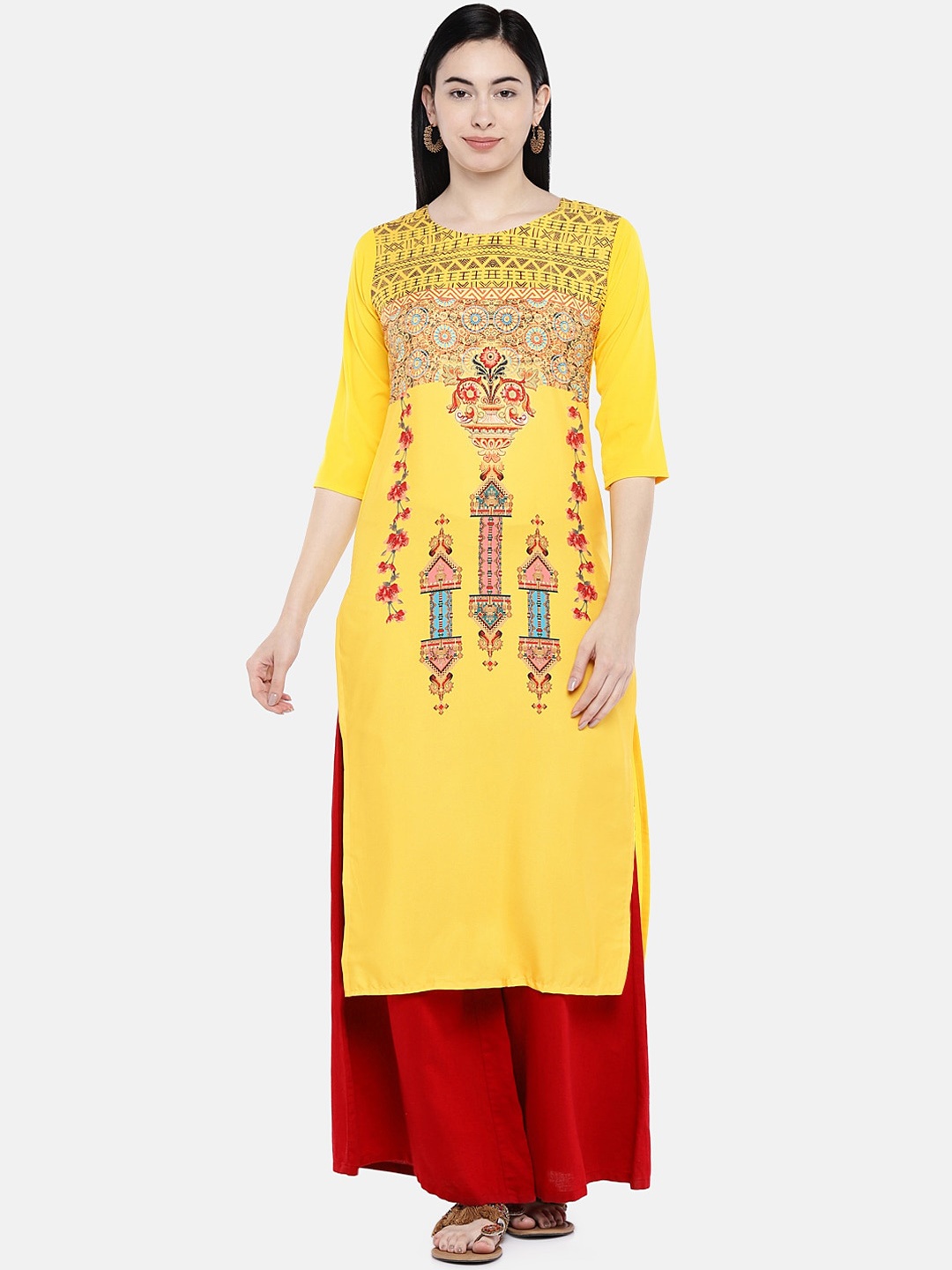 

7Threads Women Yellow Ethnic Motifs Printed Crepe Kurta