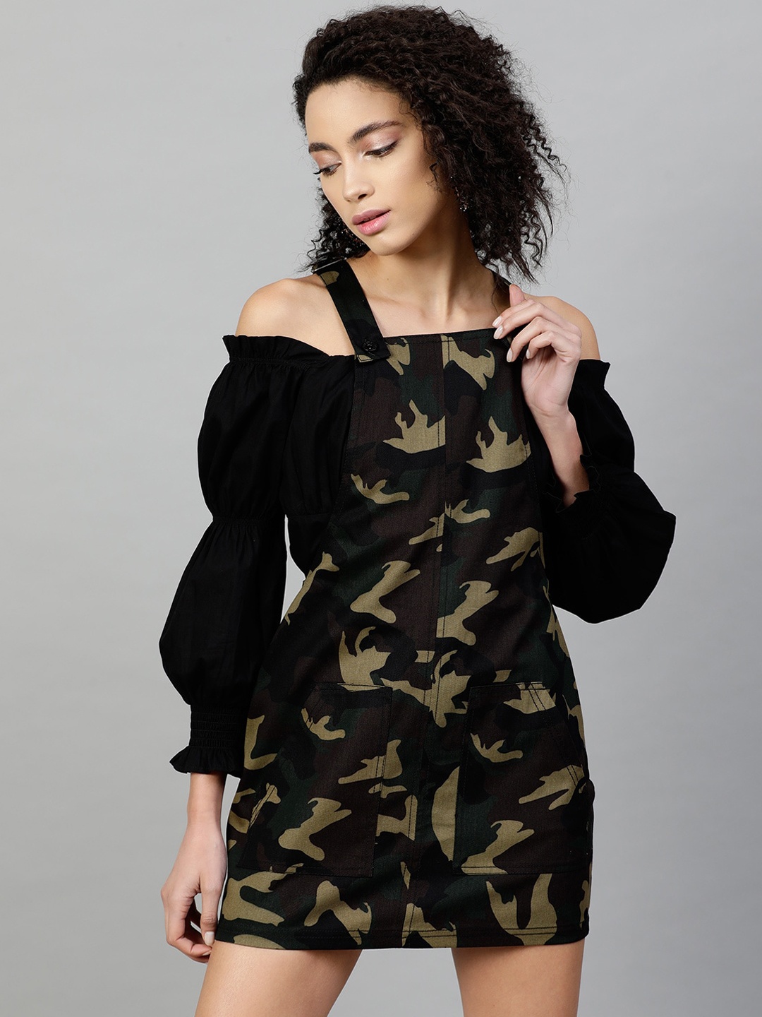 

STREET 9 Women Black Printed Cotton Pinafore Dress