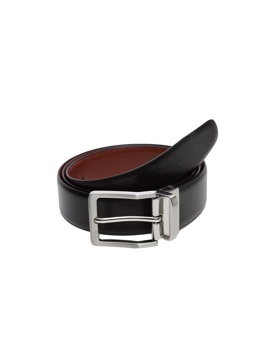 WELBAWT Men Black & Brown Textured Leather Slim Reversible Belt