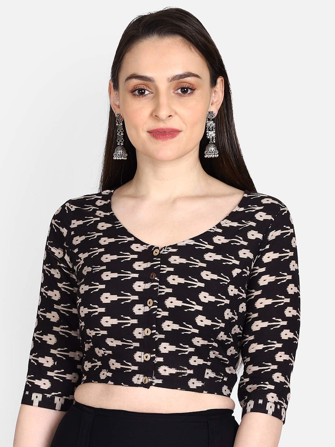 

THE WEAVE TRAVELLER Women Black & Beige Kalamkari Block Printed Non-Padded Readymade Sustainable Saree Blouse